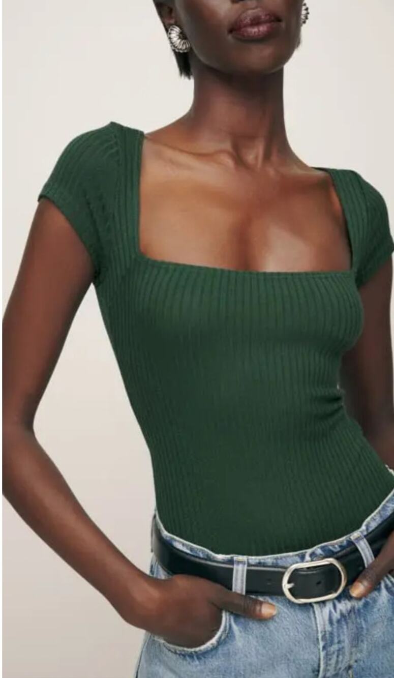 Reformation Bardot Ribbed Knit Top XS Forest Green Square Neck Cap Sleeve Casual